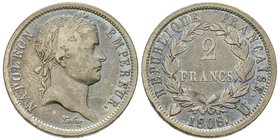 Département de l'Éridan 1802-1814
2 francs, Turin, 1808 U, AG 9.88 g. 
Ref : G. 500, Pag.39, KM#684.1
Conservation : TTB
Quantité : 2297 exemplaires. ...