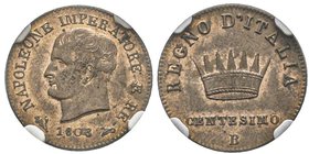 Royaume d'Italie 1805-1814
1 Centesimo, Bologna, 1808 B, Cu
Ref : G. IT 16, Pag. 73
Conservation : NGC MS63 RB. Le plus bel exemplaire gradé.