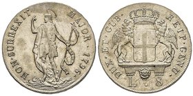 Genova
Dogi biennali III Fase 1637-1797
8 Lire, 1796 (1814), stella dopo la data, AG 33.27 g. Ref : MIR 309/4, Lun.364
Conservation : TTB/SUP
