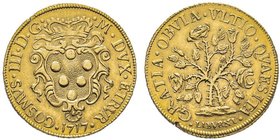 Livorno
Cosimo III de’ Medici 1670-1723
Pezza d’oro della Rosa, 1718, AU 6.90 g.
Ref : MIR 69 (R3), Fr. 466
Conservation : patit manque de metaux sino...