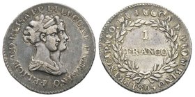 Lucca
Elisa Bonaparte e Felice Baciocchi principi 1805-1814
1 Franco, 1805, AG 4.90 g.
Ref : Pag. 255 (questo esemplare), Bellesia 3 pg.537 (questo es...