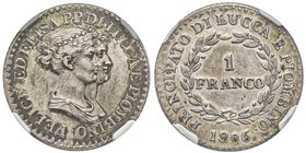 Lucca
Elisa Bonaparte e Felice Baciocchi principi 1805-1814
1 Franco, 1806, AG 4.93 g.
Ref : MIR 245/2, Pag. 256, Bellesia 5
Conservation : NGC AU53
