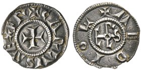 Milano
Carlo Magno imperatore e re d'Italia, 774-814
Secondo periodo 793-812
Denaro, AG 1.61 g. 
Avers : + CAROLVS REX FR intorno a croce
Revers : + M...