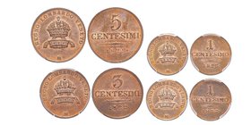 Milano, Dominazione Austriaca, Francesco I, Re del Lombardo Veneto 1815-1835
Lotto di 4 monete :
- 5 Centesimi, 1822, AE, MIR 509/1, PCGS MS65RB
- 3 C...