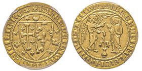 Napoli
Carlo I d'Angio' 1266-1285
Saluto d'oro, AU 4.45 g.
Avers : KAROL DEI GRA IERL M SICILIE REX stemma a forma di cuore, bipartito, di Gerusalemme...