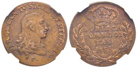 Napoli, Ferdinando IV di Borbone 1759-1799
3 Tornesi, Napoli, 1788, Cu 9.5 g.
Ref : MIR 394 (R2), Pannuti-Riccio 104
Conservation : NGC MS63 BN. Très ...