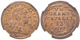 Napoli, Ferdinando IV di Borbone 1759-1799
Grano, 12 cavalli, 1790, Cu 6.3 g.
Ref : MIR 397/5 (R ), Pannuti-Riccio 114b
Conservation : NGC MS64 RB. Tr...