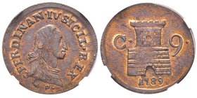 Napoli, Ferdinando IV di Borbone 1759-1799
9 Cavalli, 1789, Cu 4.7 g.
Ref : MIR 400/1, Pannuti-Riccio 123
Conservation : NGC MS63 BN. Rare dans cet ét...
