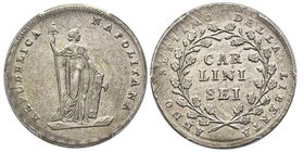 Napoli, Repubblica Partenopea 23 Gennaio-19 Giugno 1799
6 Carlini, 1799, AG 13.76 g.
Ref : MIR 414 (R2), Pannuti-Riccio 2
Conservation : PCGS AU Detai...