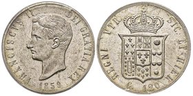 Napoli, Francesco II di Borbone 1859-1860
120 Grana, 1859, AG 27.53 g.
Ref : MIR 537, Pannuti-Riccio 1
Conservation : PCGS MS64. Très Rare dans cet ét...