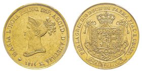 Parma, Maria Luigia 1815-1847
20 Lire, 1815, AU 6.45 g.
Ref : MIR 1092/1 , Fr. 934
Conservation : PCGS AU58. Superbe