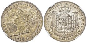 Parma, Maria Luigia 1815-1847
5 Lire, 1815, AG 25 g.
Ref : MIR 1093/1
Conservation : NGC MS62. Superbe Exemplaire