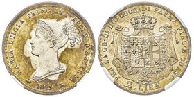 Parma, Maria Luigia 1815-1847
2 Lire, 1815, AG 10 g.
Ref : MIR 1094 (R2), Pag. 8, KM#C29
Conservation : NGC MS62. Superbe Exemplaire. Rare