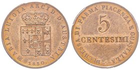 Parma, Maria Luigia 1815-1847
5 Centesimi, 1830, AE
Ref : MIR 1098, CNI 12, Pag. 14
Conservation : PCGS MS64 RB