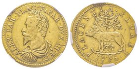Piacenza
Alessandro Farnese 1586-1591
2 Doppie, 1590, AU 12.57 g.
Ref : MIR 1137/4, Fr. 899
Conservation : NGC XF40. Rare