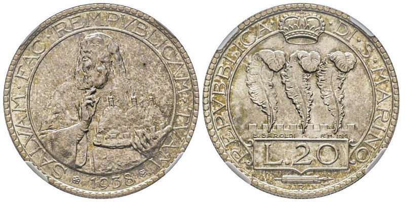 San Marino
20 Lire, 1938 R, AG 15.00 g.
Ref : Pag. 348, KM#11 
Conservation : NG...