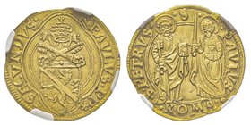 Paolo II (Pietro Barbo) 1464-1471
Ducato, ND, AU 3.49 g. 
Ref : MIR 404/1 (R), Munt. 16, Fr. 19
Conservation : NGC MS63. Superbe Exemplaire. Rare