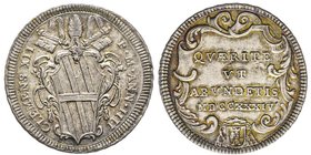 Clemente XII (Lorenzo Corsini) 1730-1740
Testone, Anno IV, 1734, AG 8.41 g.
Ref : Munt. 45, Berman 2331
Conservation : Superbe