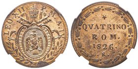 Leone XII (Annibale Sermattei della Genga) 1823-1829
Quattrino, 1826, Cu
Ref : Pag. 139a
Conservation : NGC MS64 RD. Rare dans cet état.