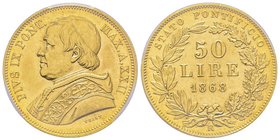 Pio IX (Giovanni Mastai-Ferretti) 1846-1878
50 lire, 1868 An XXII, Rome, AU 16.12 g.
Ref : Fr. 279, KM#1388 
Conservation : PCGS MS62
