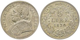 Pio IX (Giovanni Mastai-Ferretti) 1846-1878
5 Lire, Roma, 1870, AG 25 g.
Ref : Pag. 549
Conservation : PCGS MS63