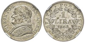 Pio IX (Giovanni Mastai-Ferretti) 1846-1878
1 Lira, Roma, 1868, AG 5 g.
Ref : Pag 572
Conservation : NGC MS65. Le plus bel exemplaire gradé.