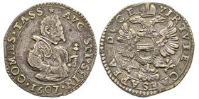 Tassarolo 
Agostino Spinola 1604-1616
Quarto di Scudo, 1607, AG 5.32 g. 
Ref : MIR 969/2 (R2)
Conservation : TTB. Très Rare