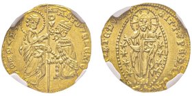 Antonio Venier 1382-1400
Zecchino, AU 3.55 g.
Ref : Paolucci 1, Fr. 1229 
Conservation : NGC MS64. Superbe Exemplaire.
