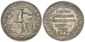 Pietro Grimani 1741-1752
Osella, 1745, AG 
Avers : S M V PETRVS GRIMANVS P D S. Marco seduto in trono Piero Donà porge il vessillo al Doge genuflesso
...
