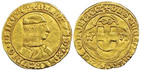 Carlo I 1482-1490
Ducato d'oro, IV tipo, ND, AU 3.44 g.
Avers : + KAROLVS DVX SABAVDIE PRINC' M Busto del Duca con corazza e bnerretto a destra
Revers...