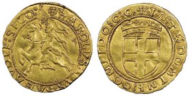 Carlo II 1504-1553
Scudo d'oro con cavallo, V tipo, Chambéry, ND, AU 3.47 g.
Avers : KAROLVS D VX SABAVDIE SECO Cavaliere con elmo aperto, cavalvante ...