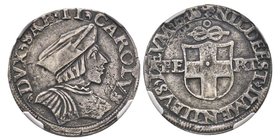 Carlo II 1504-1553
Testone, II tipo, Bourg, ND, AG 9.48 g.
Avers : CAROLVS DVX SABAVDIE II Semibusto del duca imberbe, con berretto in posizione obliq...