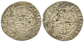 Carlo II 1504-1553
Grosso di Savoia, III tipo, Aosta, 1552, Mi 1.68 g.
Ref : MIR 387a, Sim. 57, Biaggi 332d
Conservation : TTB