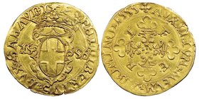 Emanuele Filiberto Duca 1559-1580
Scudo d'oro del sole, II tipo, Aosta, 1555/1556, AU 3.27 g.
Avers : E PHILIBERTVS DVX SABAVDI ai lati dello scudo 15...