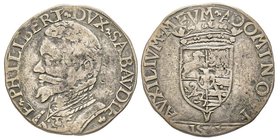 Emanuele Filiberto Duca 1559-1580
Testone, I tipo, Vercelli, 1561, AG 9.18 g.
Ref : MIR 508h (R4), Biaggi 427i
Conservation : TB/TTB. Très Rare