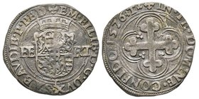 Emanuele Filiberto Duca 1559-1580
Bianco o 4 Soldi, I tipo, Torino, 1576 T, Mi 4.43 g.
Ref : MIR 520ac, Biaggi 438r
Conservation : TTB