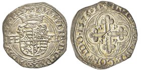 Emanuele Filiberto Duca 1559-1580
Bianco o 4 Soldi, I tipo, Torino, 1576 T, Mi 4.49 g.
Ref : MIR 520ac, Biaggi 438r
Conservation : TTB/SUP