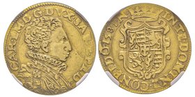 Carlo Emanuele I 1580-1630
Doppia, II Tipo, Nizza, 1581, AU 6.45 g.
Avers : CAR EM D G DVX SAB P PED
Revers : IN TE DOMINE CONFIDO
Ref : 579b (R3), Si...