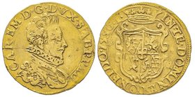 Carlo Emanuele I 1580-1630
Doppia, IV tipo, Torino, 1590, AU 6.56 g.
Ref : MIR 581a (R5), Sim. 12, Biaggi 492f, Fr. 1049
Conservation : traces de mont...