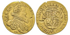 Carlo Emanuele I 1580-1630
Doppia, VII tipo, ND, AU 6.38 g.
Avers : CAR EM D G DVX SAB P P 
Revers : AVXILIVM MEVM ADOMINO
Ref : MIR 584c (R8), Sim. 1...