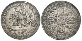 Carlo Emanuele I 1580-1630
Tallero, I tipo, Torino, 1581, AG 28.23 g.
Avers : CAROLVS EM D G DVX SABAVDIE Il duca armato, cavalcante verso destra, con...