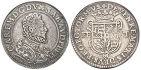 Carlo Emanuele I 1580-1630
Ducatone, IV Tipo, Torino, 1590 T, AG 31.76 g.
Avers : CAR EM D G DVX SABAVD P PED Busto del duca rivolto a destra, con il ...
