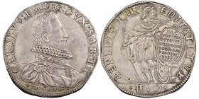Carlo Emanuele I 1580-1630
9 Fiorini, III tipo, Beato Amedeo, Vercelli, 1620, AG 22.92 g.
Ref : MIR 615b (R5), Sim. 39, Biaggi 522e, Davenport 4159
Ex...