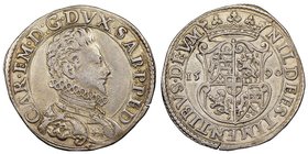 Carlo Emanuele I 1580-1630
Mezzo ducatone, I tipo, Torino, 1590, AG 15.79 g.
Ref : MIR 621a (R5), Sim. 43, Biaggi 528b
Ex Vente Nomisma 36, lot 1954
C...