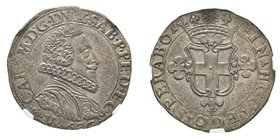 Carlo Emanuele I 1580-1630
2 Fiorini, IV tipo, Vercelli, 1626, Mi 6.25 g.
Ref : MIR 648a (R ), Sim. 60, Biaggi 547b
Conservation : NGC AU53