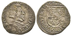 Carlo Emanuele I 1580-1630
Soldo con il busto, IV tipo, Chambéry, 1596, AG 1.12 g.
Ref : MIR 663f (R), Sim. 71/6, Biaggi 559
Conservation : TB