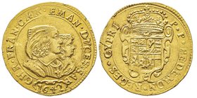 Carlo Emanuele II 
Reggenza della madre 1638-1648
4 Scudi d'oro, Torino, 1642, AU 13.21 g.
Ref : MIR 738d (R9), Sim.5/4, Biaggi 618, Fr. 1073
Conserva...