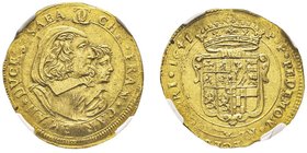 Carlo Emanuele II 
Reggenza della madre 1638-1648
Doppia d'oro, II tipo, Torino, 1641, AU 6.62 g.
Ref : MIR 745 (R10), Sim. 11/1, Biaggi 624, Fr. 1072...