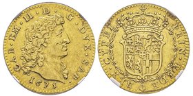 Carlo Emanuele II Duca 1648-1675
Doppia d'oro, IV tipo, 1675, AU 6.65 g.
Ref : MIR 805 (R5), Biaggi 679
Conservation : NGC AU53. Superbe. Très Rare