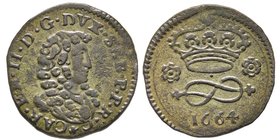 Carlo Emanuele II Duca 1648-1675
2 Denari, Torino, 1664, Cu 2.38 g.
Ref : MIR 829a (R), Sim. 44, Biaggi 701a
Conservation : presque Superbe